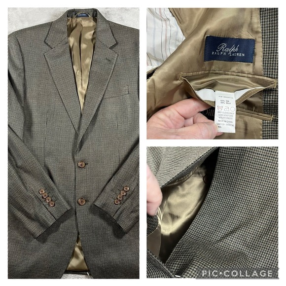 Ralph Lauren Wool Silk Houndstooth Blazer Men 40L Beige Brown‎ Sport Coat Jacket